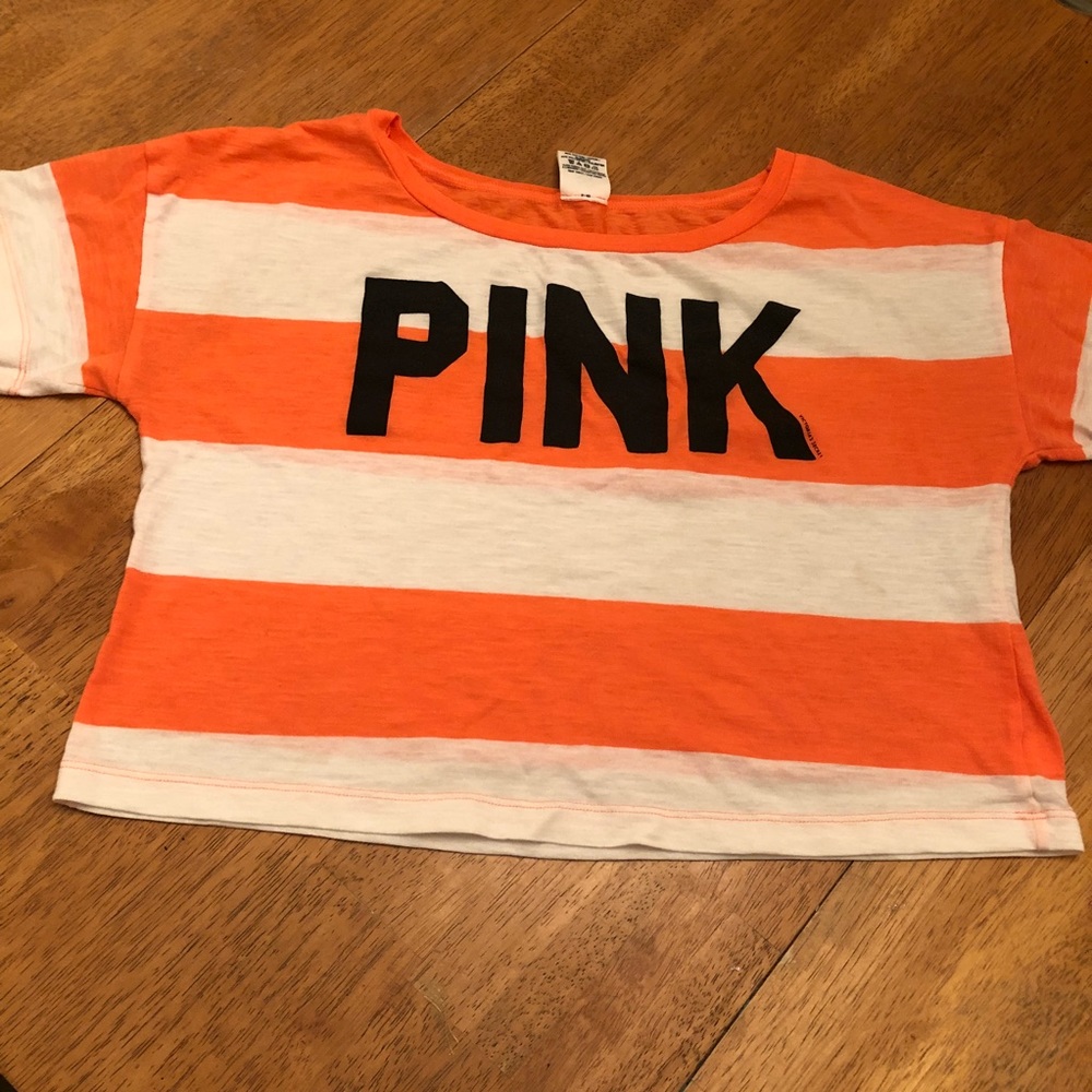 Pink tangerine & white striped graphic crop top XS